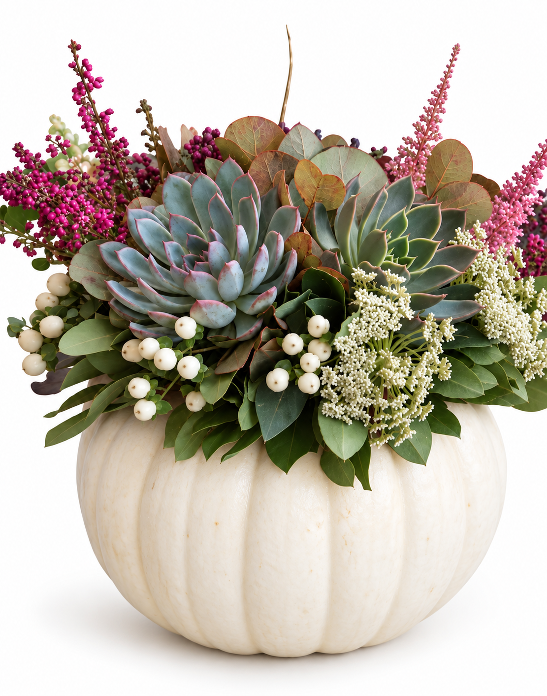 Succulent in White Pumpkin Arrangement