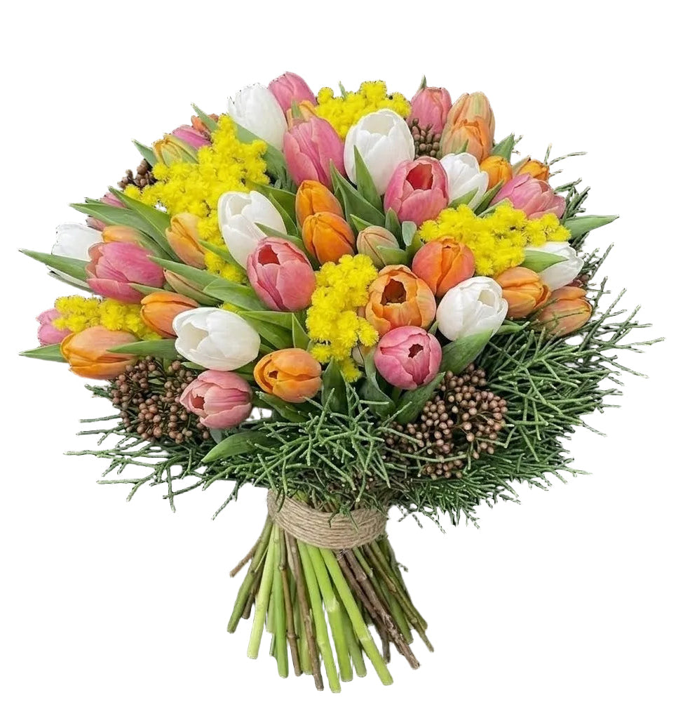 Multicolored Tulips with Mimosa and Greenery