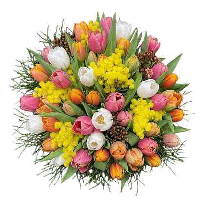 Multicolored Tulips with Mimosa and Greenery