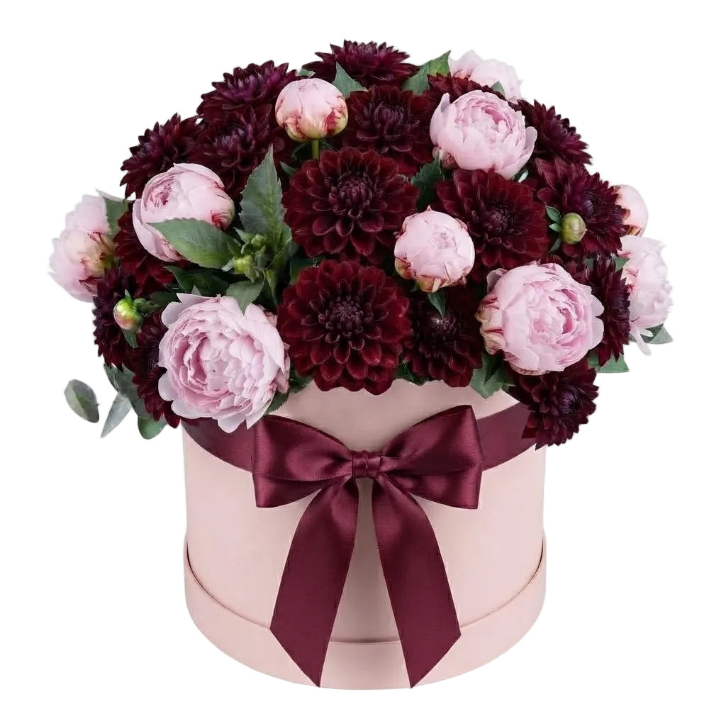 Peonies with Burgundy Dahlia Elegant Box