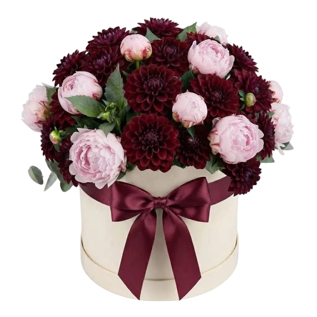 Peonies with Burgundy Dahlia Elegant Box