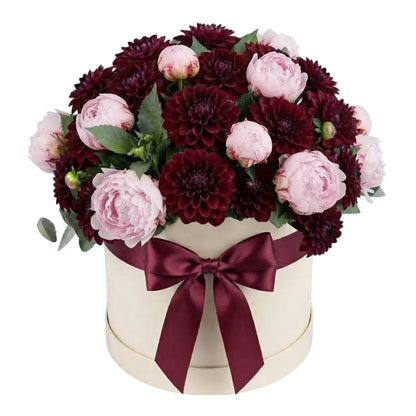 Peonies with Burgundy Dahlia Elegant Box