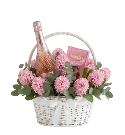Pretty Hyacinth Hamper with Bottle off Alcohol and Chocolate Truffles