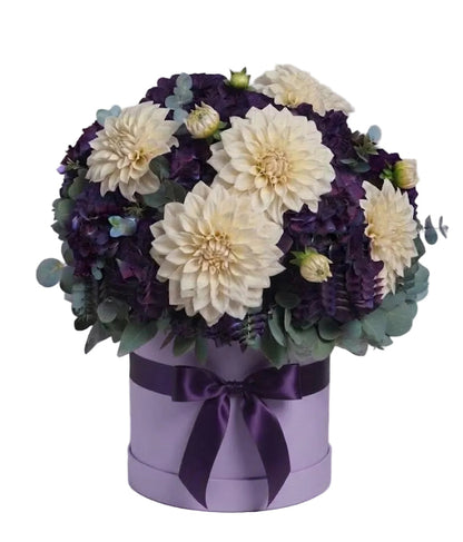 Purple Hydrangeas with Ivory Dahlia Exclusive Box