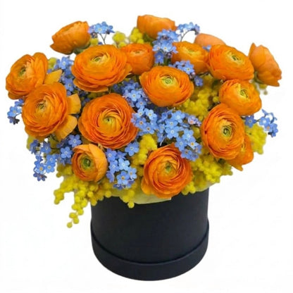 Ranunculus with Blue Forget Me Not and Mimosa Box