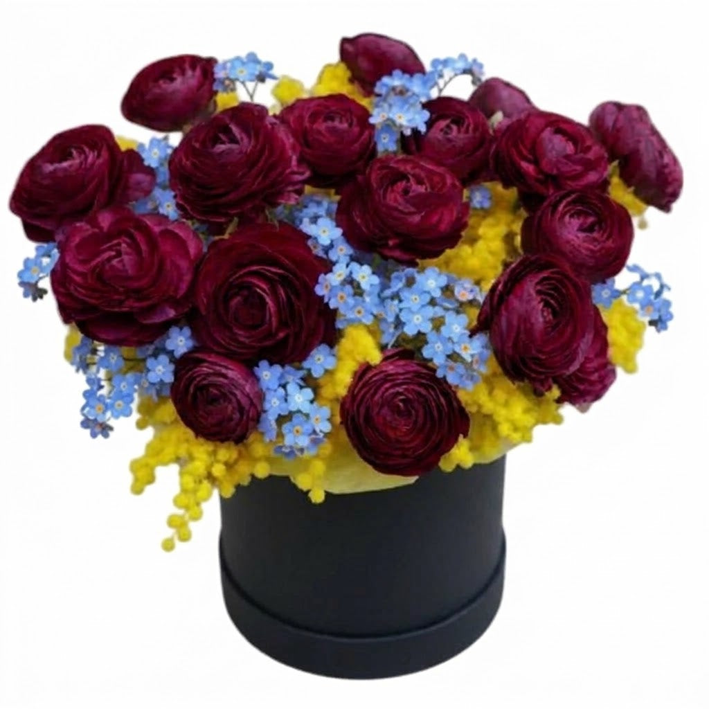Ranunculus with Blue Forget Me Not and Mimosa Box