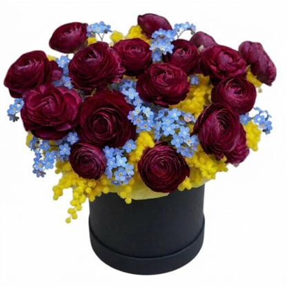 Ranunculus with Blue Forget Me Not and Mimosa Box