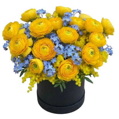 Ranunculus with Blue Forget Me Not and Mimosa Box