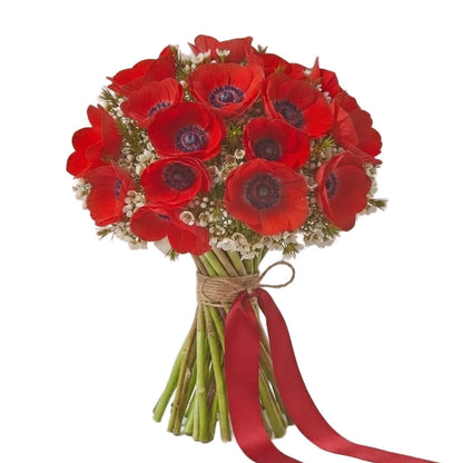 Red Anemone and Wax Flowers Bouquet