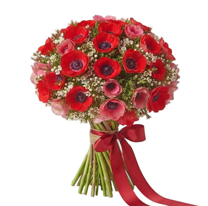 Red Anemone and Wax Flowers Bouquet
