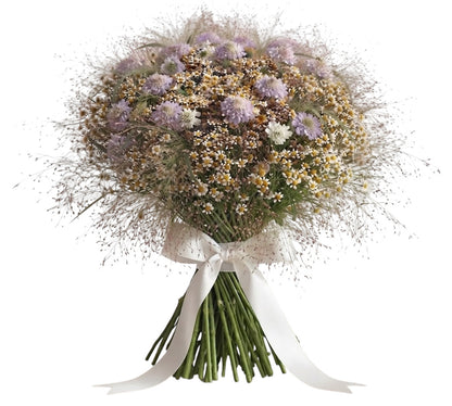Scabiosa with Tanacetum in Panicum Grass Bouquet