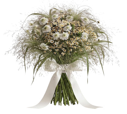 Scabiosa with Tanacetum in Panicum Grass Bouquet