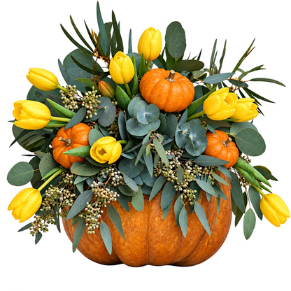 Tulips in Greenery Pumpkin Arrangement