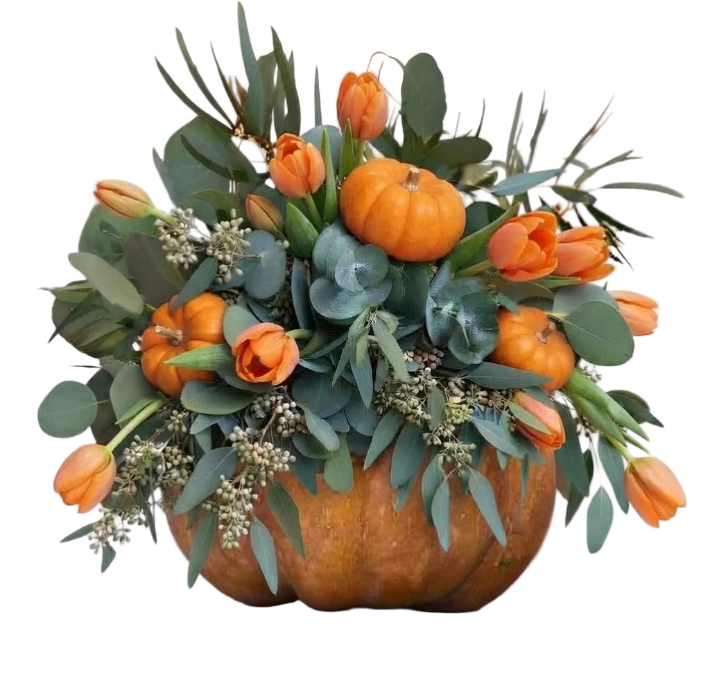 Tulips in Greenery Pumpkin Arrangement