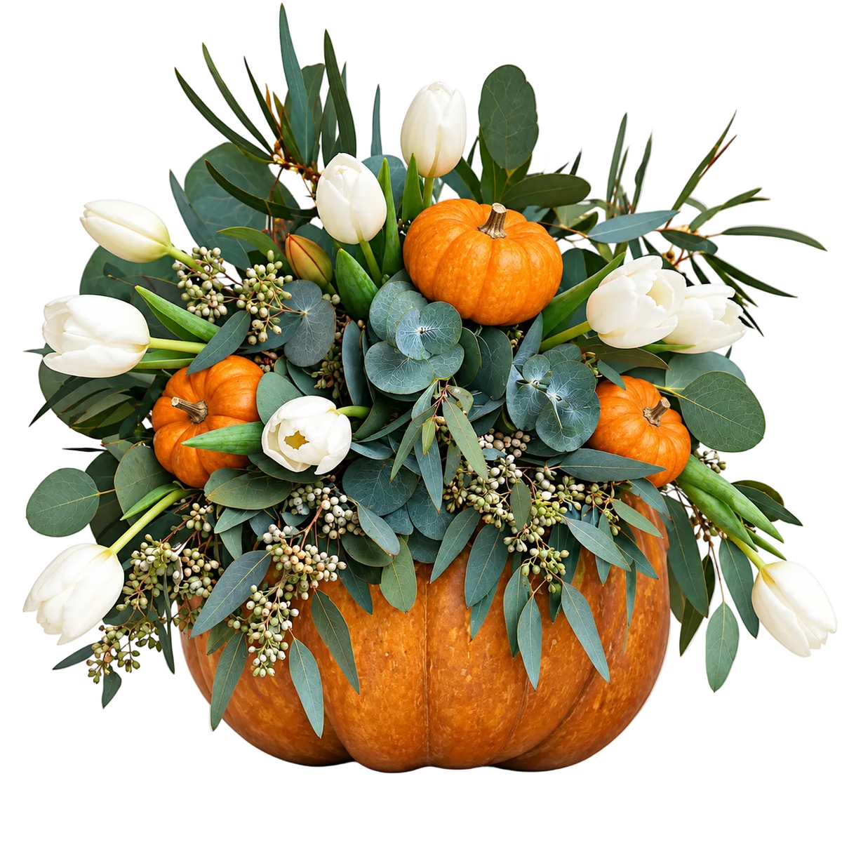 Tulips in Greenery Pumpkin Arrangement
