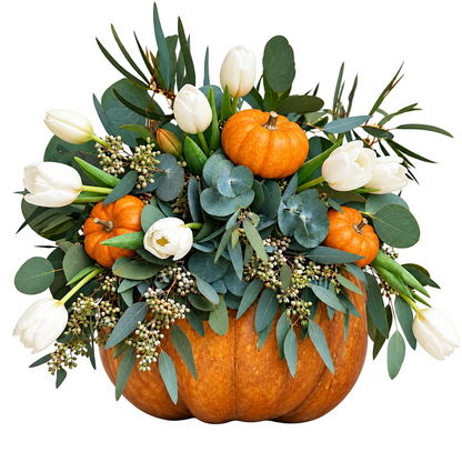 Tulips in Greenery Pumpkin Arrangement