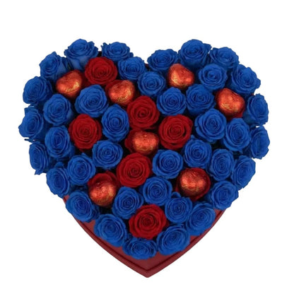 A Box of Blue and Red Roses with Chocolate Hearts - Florist London