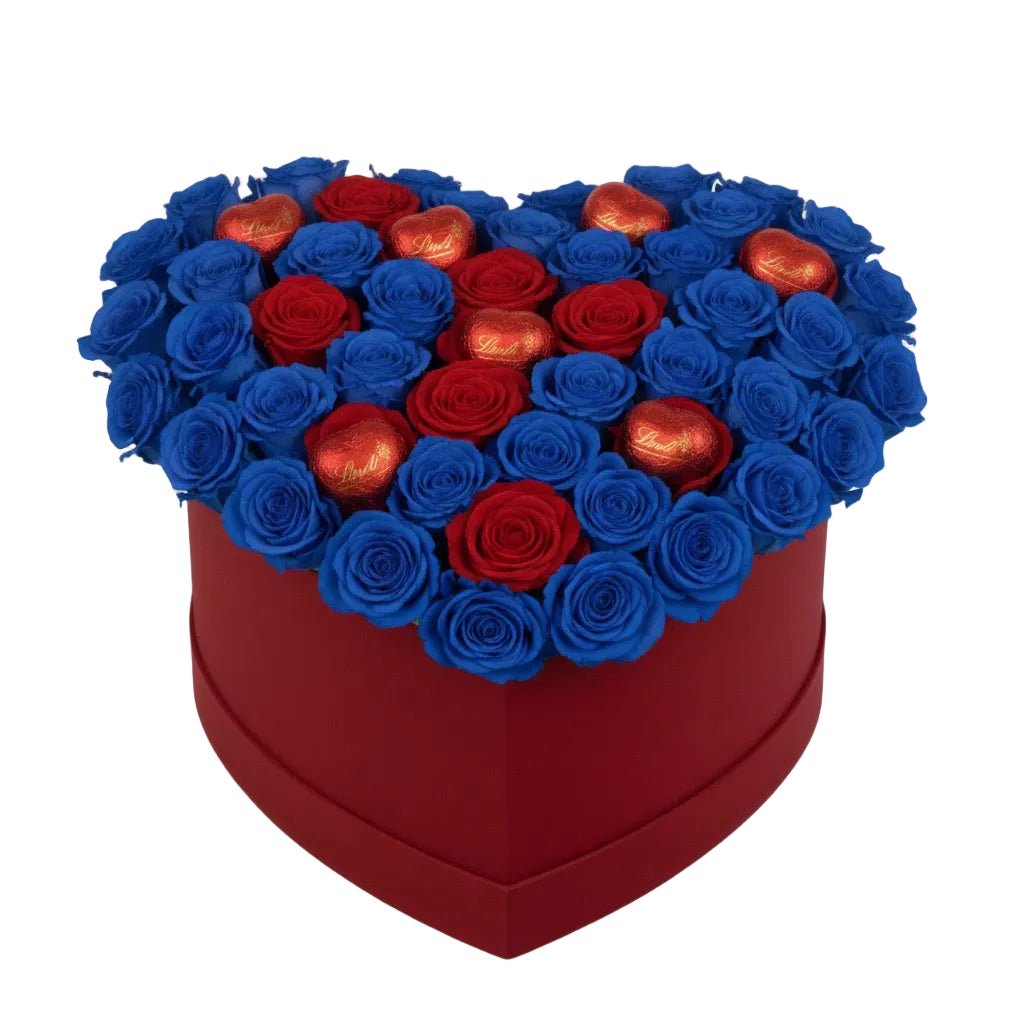 A Box of Blue and Red Roses with Chocolate Hearts - Florist London