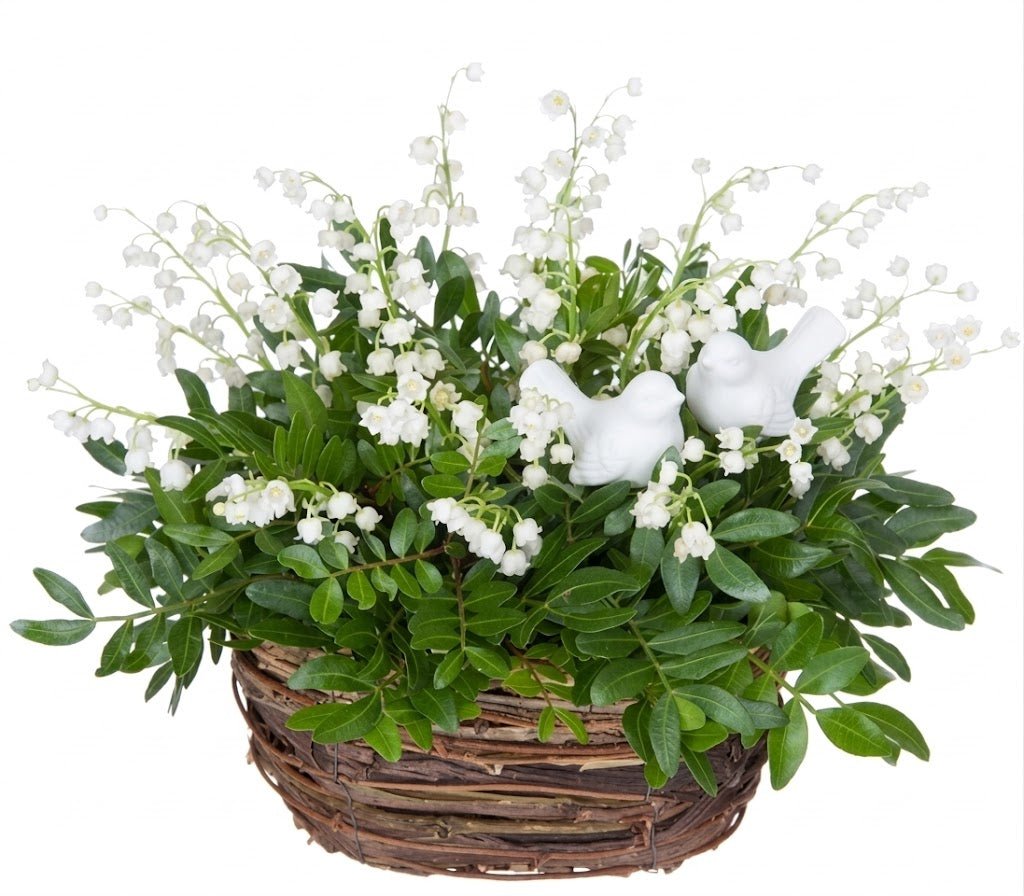 Basket of Lily of The Valley in Greenery with Birds - Florist London