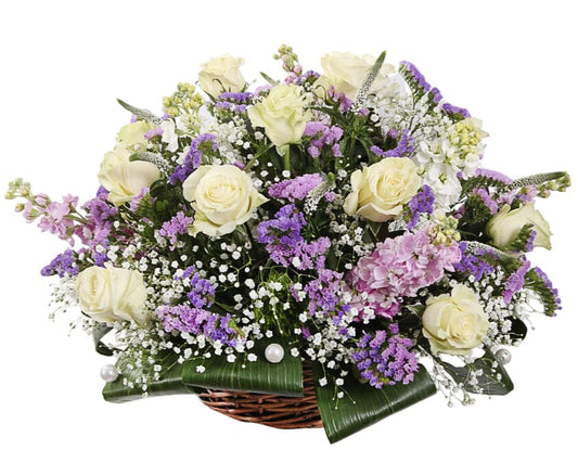 Basket of White Roses and Stocks