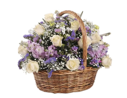 Basket of White Roses and Stocks - Florist London