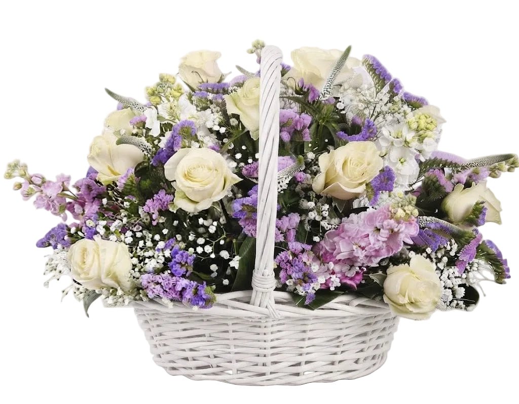 Basket of White Roses and Stocks - Florist London