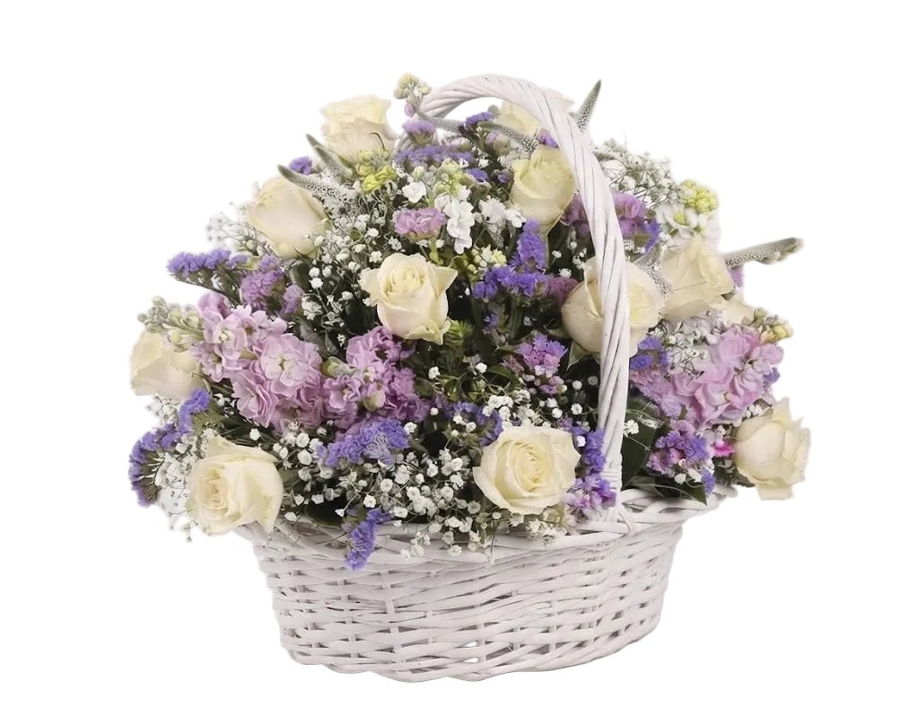 Basket of White Roses and Stocks - Florist London