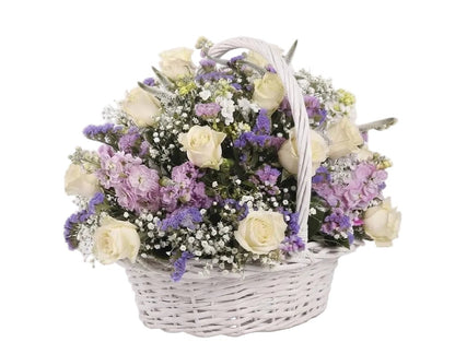 Basket of White Roses and Stocks - Florist London