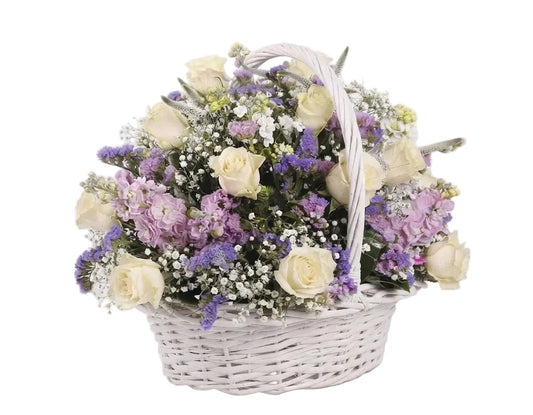 Basket of White Roses and Stocks - Florist London