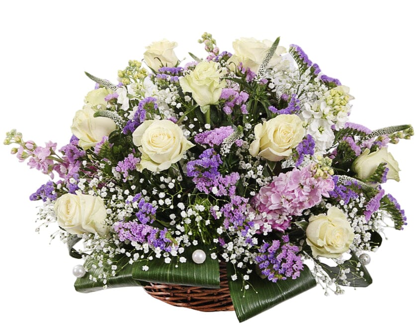 Basket of White Roses and Stocks - Florist London