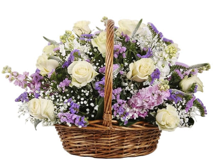 Basket of White Roses and Stocks - Florist London