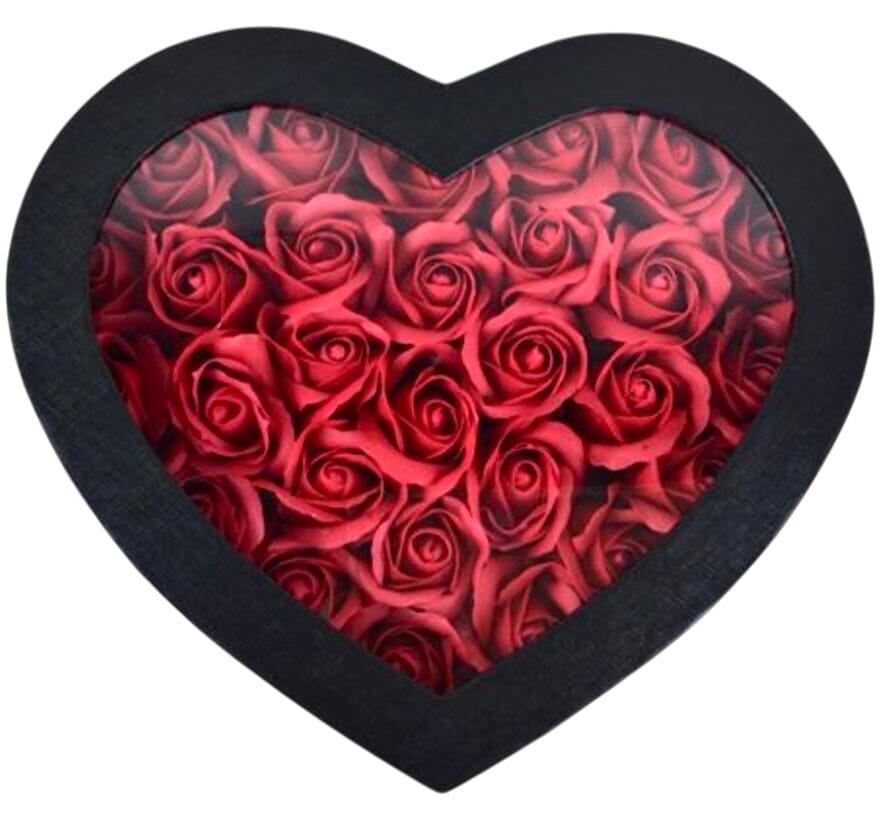 Black Heart Shaped Box with Red Scented Artificial Roses - Florist London