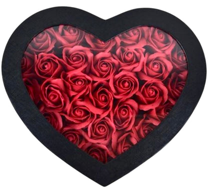 Black Heart Shaped Box with Red Scented Artificial Roses - Florist London