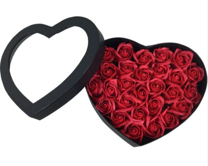 Black Heart Shaped Box with Red Scented Artificial Roses - Florist London