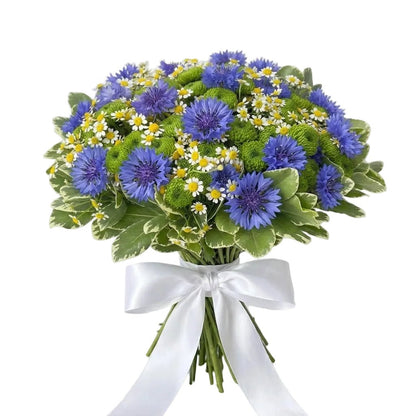 Blue Cornflowers in Green with Tanacetum Bouquet - Florist London