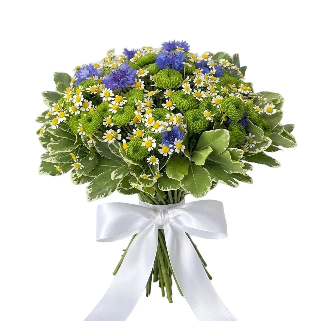 Blue Cornflowers in Green with Tanacetum Bouquet - Florist London