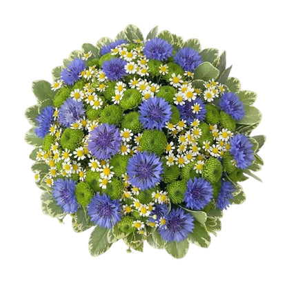 Blue Cornflowers in Green with Tanacetum Bouquet - Florist London