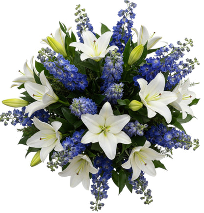 Bouquet of Blue Delphinium and White Lily - Florist London