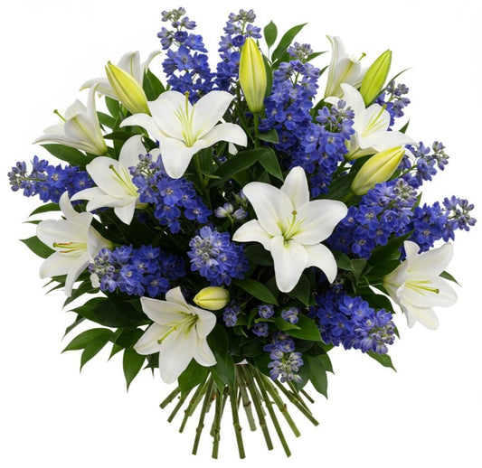 Bouquet of Blue Delphinium and White Lily - Florist London