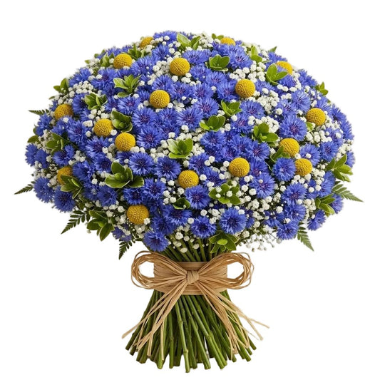 Bouquet of Gypsophila and Cornflower with Yellow Balls - Florist London