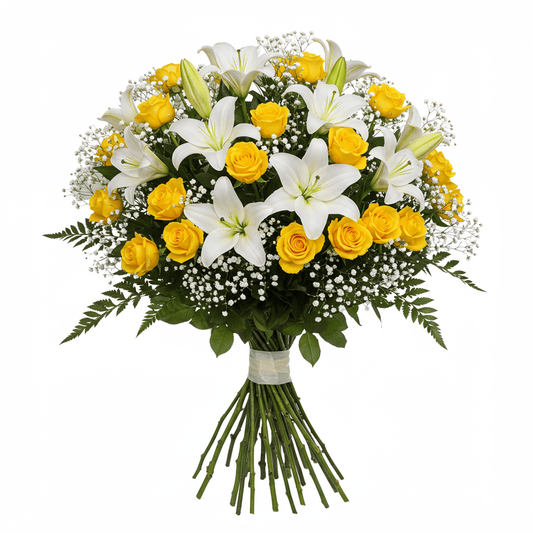 Bouquet of Lily and Yellow Roses with Gypsophila - Florist London