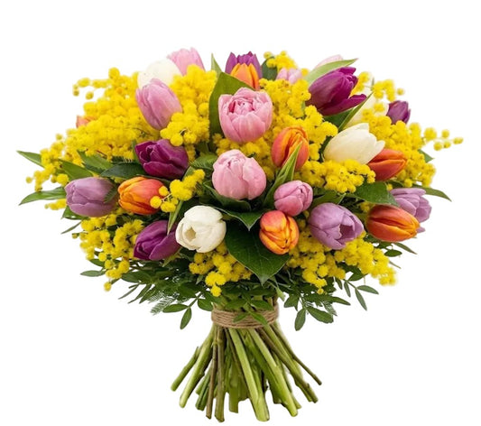 Bouquet of Mimosa and Colored Tulips - Florist London