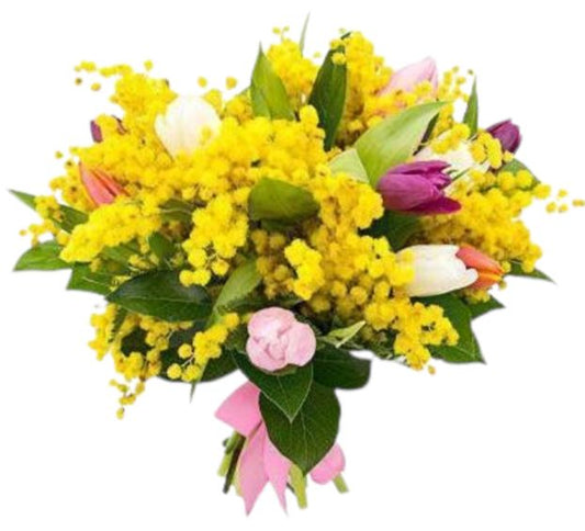 Bouquet of Mimosa and Colored Tulips - Florist London