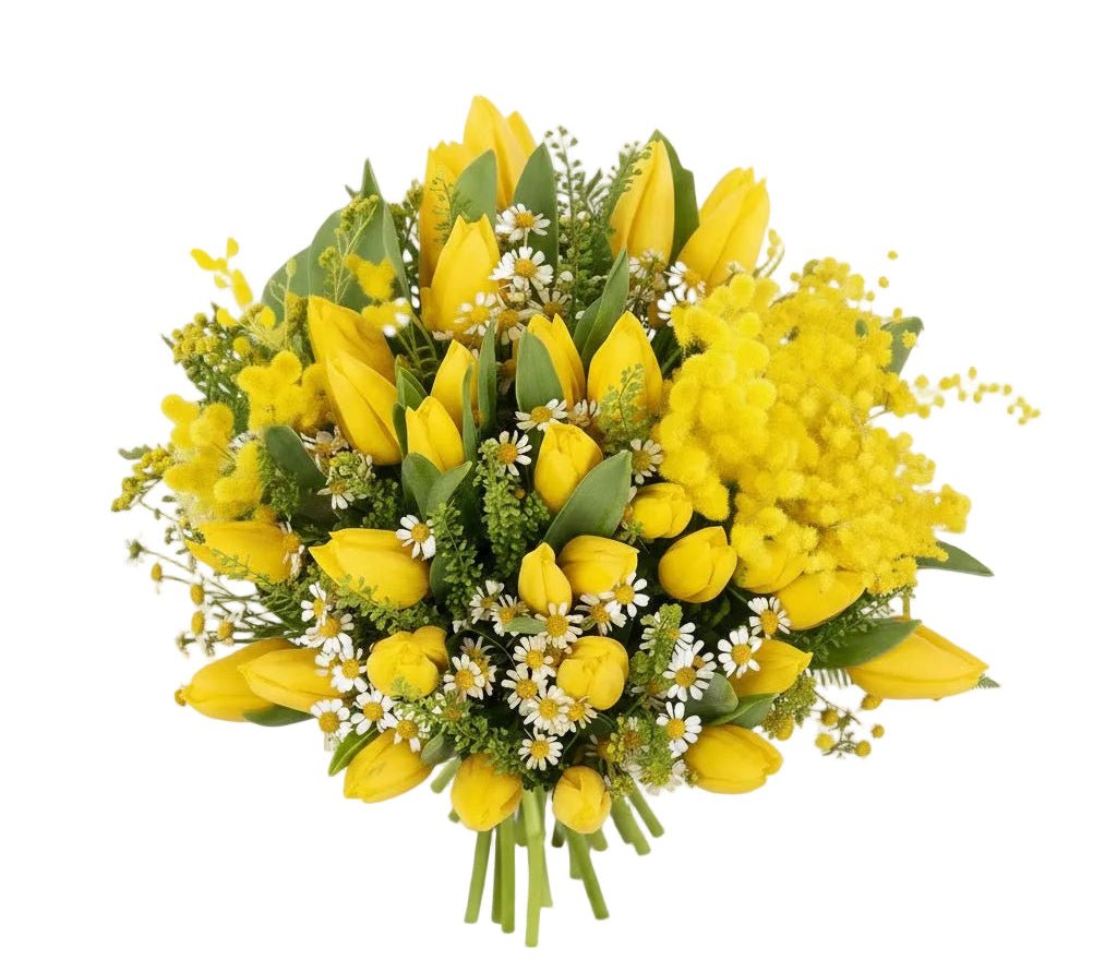 Bouquet of Mimosa & Tulips with Tanacetum - Florist London