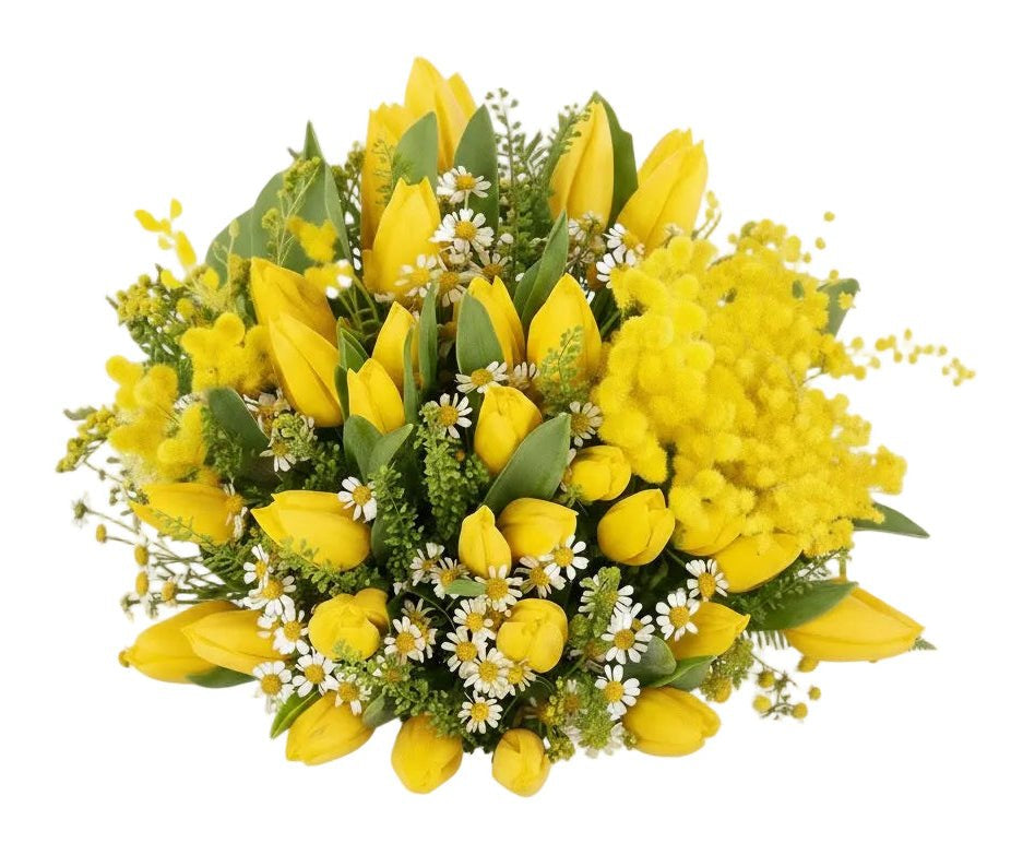 Bouquet of Mimosa & Tulips with Tanacetum - Florist London