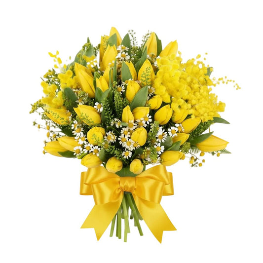 Bouquet of Mimosa & Tulips with Tanacetum - Florist London