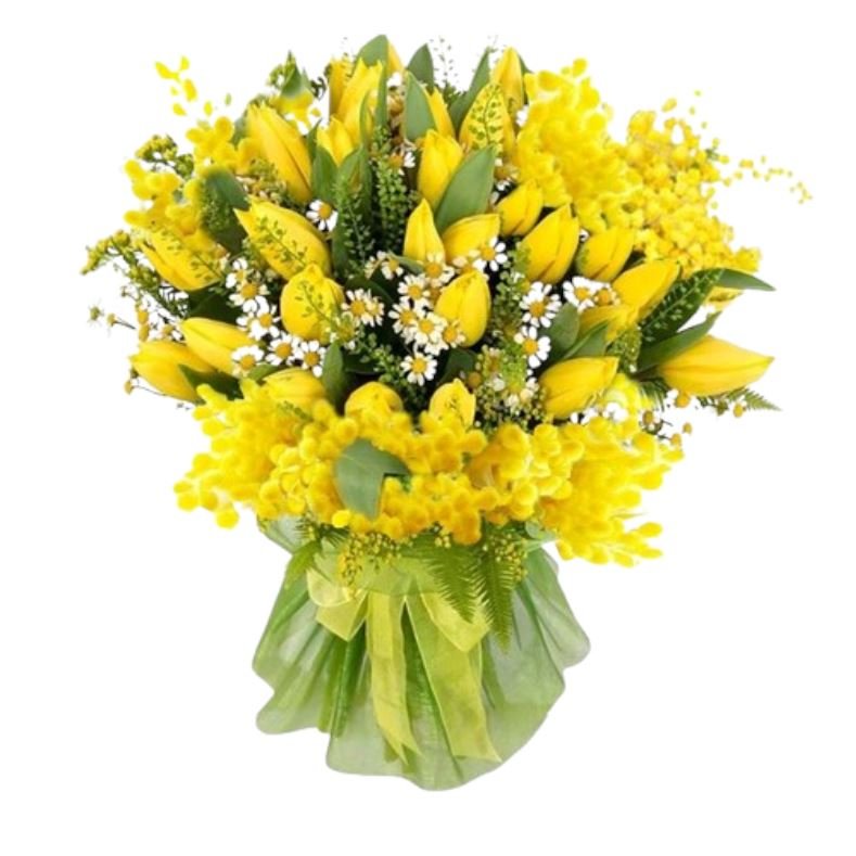 Bouquet of Mimosa & Tulips with Tanacetum - Florist London