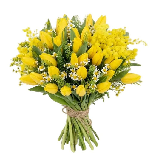 Bouquet of Mimosa & Tulips with Tanacetum - Florist London