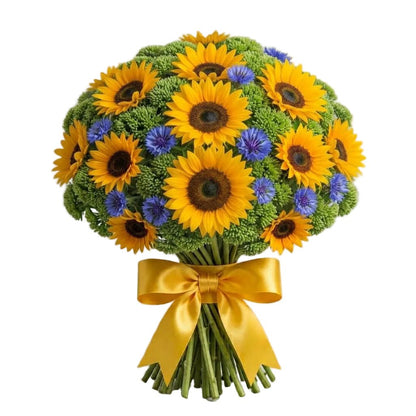 Bouquet of Sunflowers with Cornflowers and Sedum - Florist London