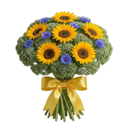 Bouquet of Sunflowers with Cornflowers and Sedum - Florist London